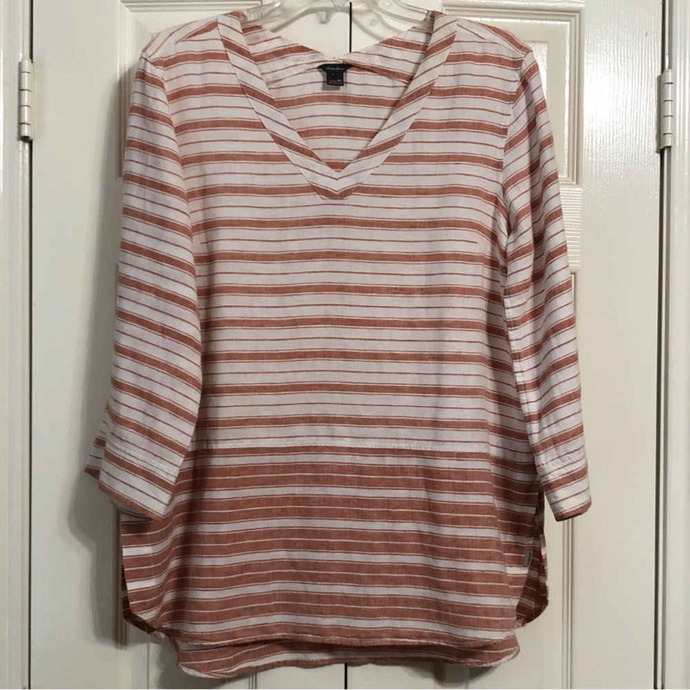 Eddie Bauer Linen Terracotta and White Striped V-Neck Tunic Size Medium